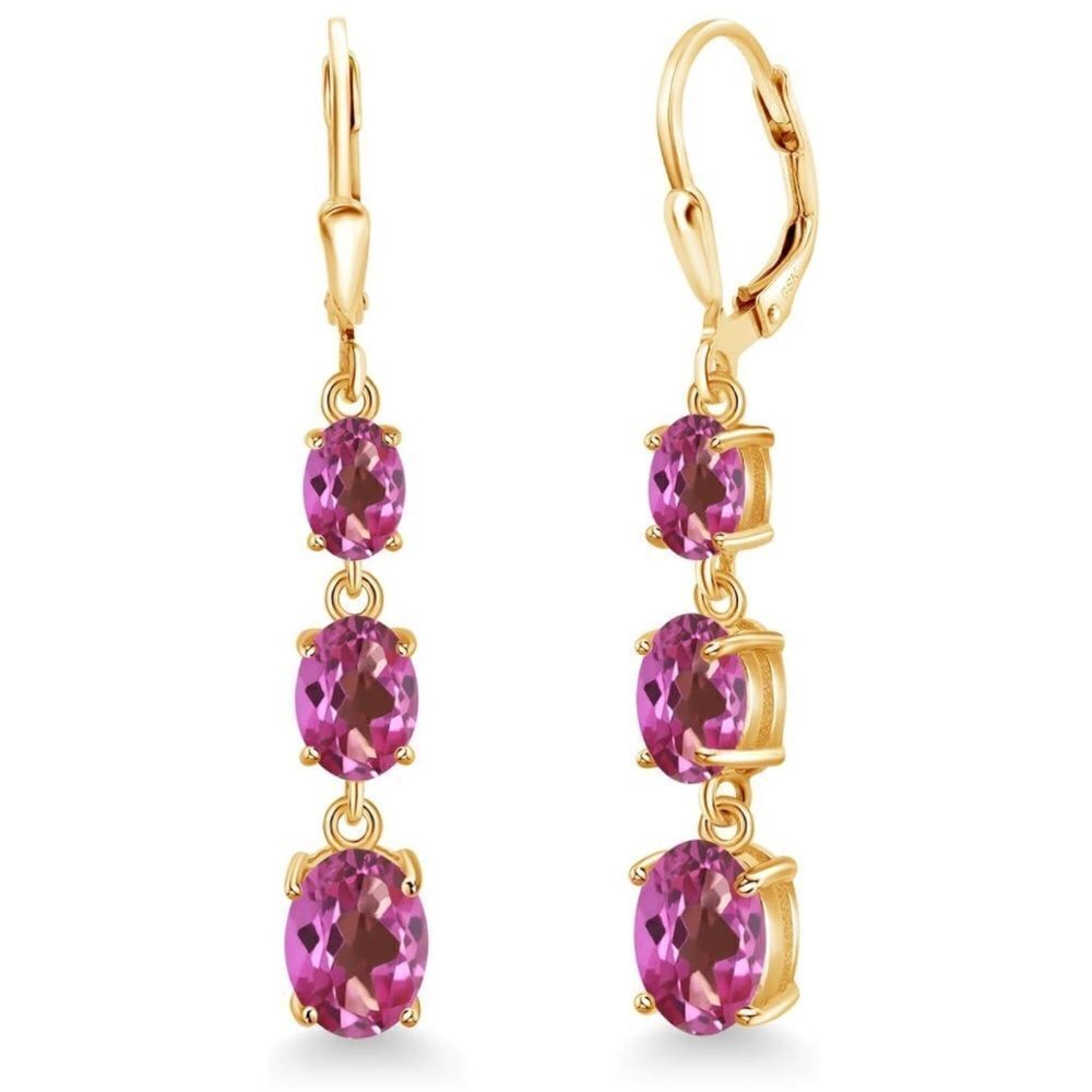 18K Yellow Gold with 5.20 Cttw 3 Stone Pink Mystic Topaz Leverback Drop Earrings